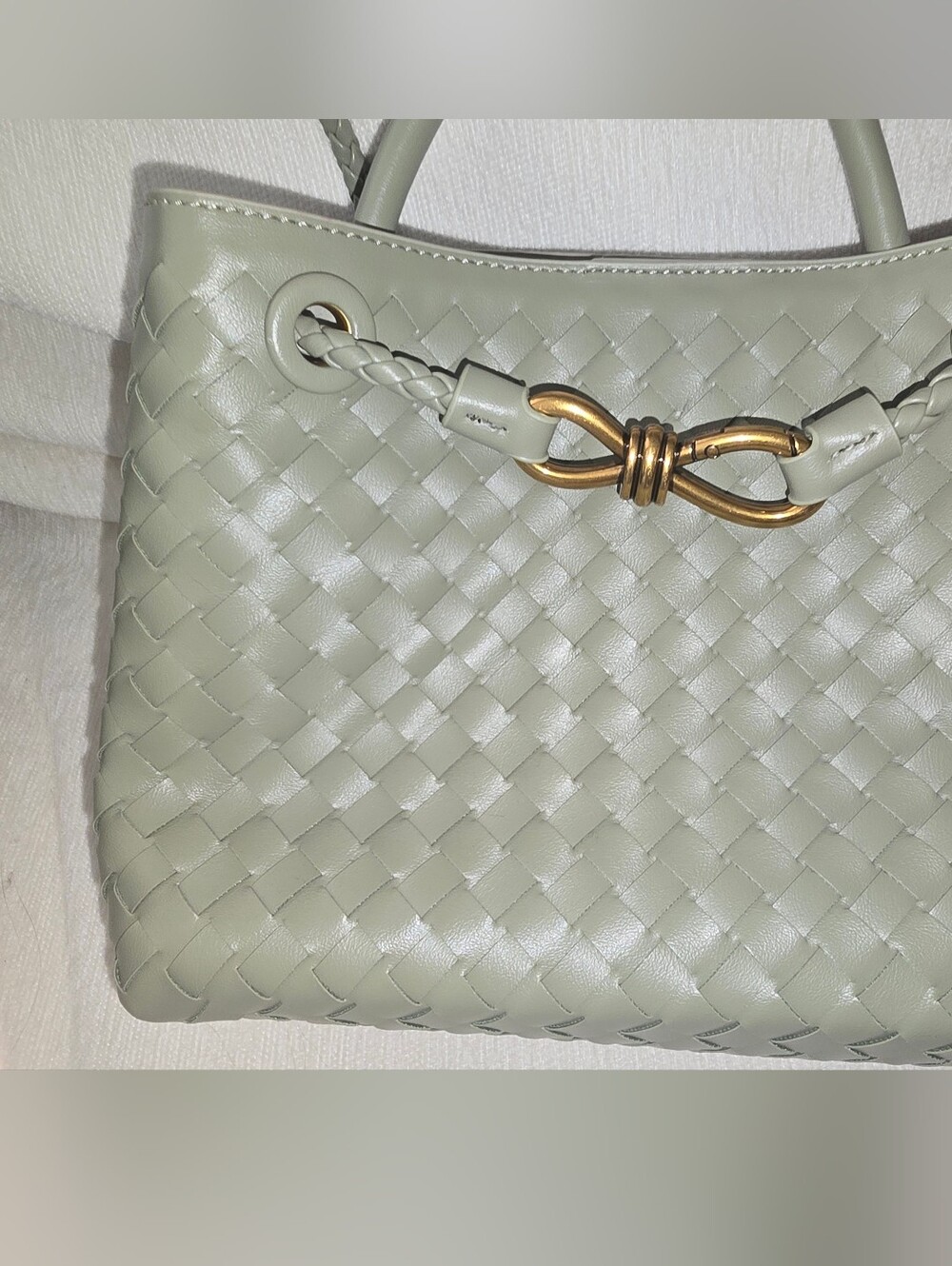 Woven Leather Bucket Bag in Sage Green